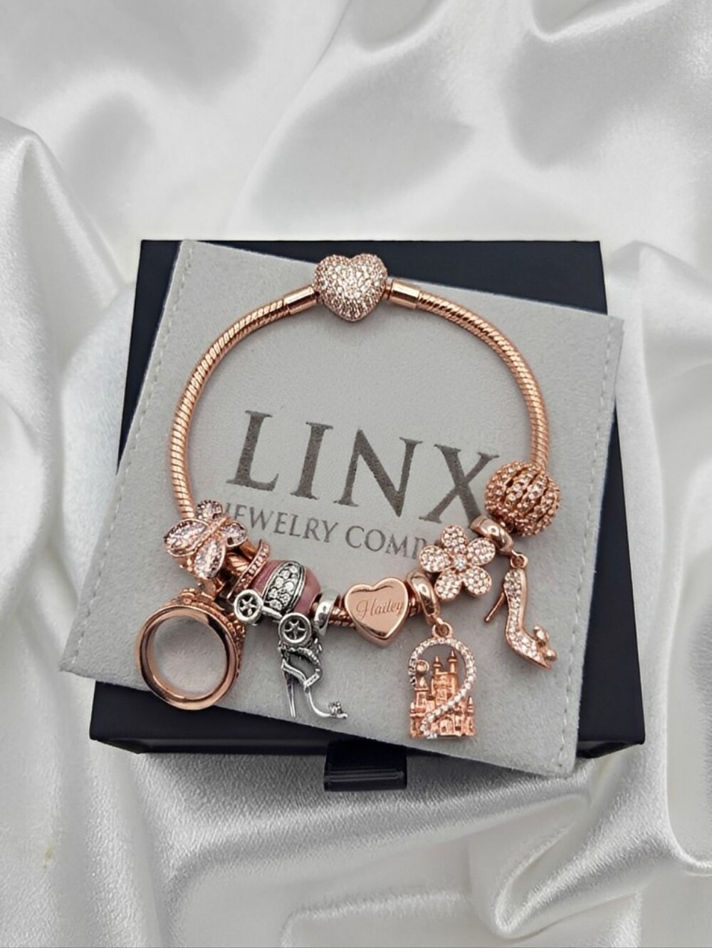 Linx Rose Gold Snake Chain Bracelet With Personalized Princess Charms